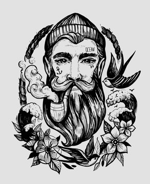 Head of a man with a beard and a smoking pipe. Сharacter of a sailor. Tattoo or print. Hand drawn illustration converted to vector