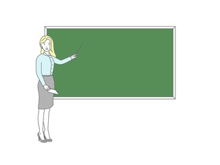 Young female teacher on lesson at blackboard in classroom. Teacher with pointer, teacher showing on board.