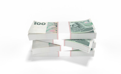 3D realistic render of 100 stack czech crown ceska koruna national money in czech republic. Isolated on white background.