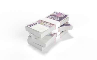 3D realistic render of 1000 stack czech crown ceska koruna national money in czech republic. Isolated on white background.