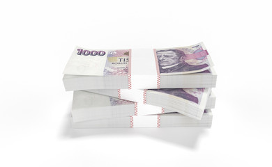 3D realistic render of 1000 stack czech crown ceska koruna national money in czech republic. Isolated on white background.