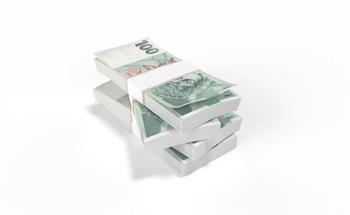 3D realistic render of 100 stack czech crown ceska koruna national money in czech republic. Isolated on white background.