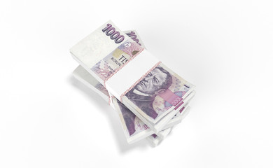 3D realistic render of 1000 stack czech crown ceska koruna national money in czech republic. Isolated on white background.