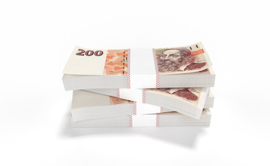 3D realistic render of 200 stack czech crown ceska koruna national money in czech republic. Isolated on white background.