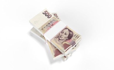 3D realistic render of 500 stack czech crown ceska koruna national money in czech republic. Isolated on white background.