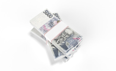 Obraz na płótnie Canvas 3D realistic render of 5000 stack czech crown ceska koruna national money in czech republic. Isolated on white background.