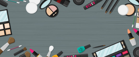 Vector flat style makeup and skincare background with place for text illustration