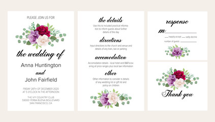 Beautiful floral wedding invitation set with dark red, purple and white roses. This wedding invitation template set includes four templates: invitation card, rsvp card, details and thank you card.