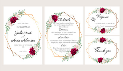 Beautiful modern geometric wedding invitation set with blush pink and white roses. This wedding invitation template set includes four templates: invitation card, rsvp card, details and thank you card.