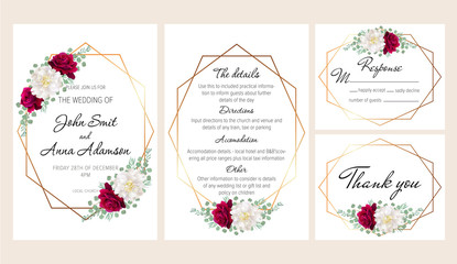 Modern geometric wedding invitation set with dark roses and white peonies. This wedding invitation template set includes four templates: invitation card, rsvp card, details and thank you card.