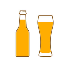 Glass of beer and bottle. Symbol Template Logo. Isolated vector illustration on white background.