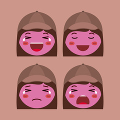 little red girls emoticon set kawaii characters vector illustration design