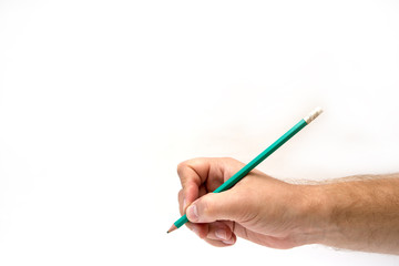 hand holding a pencil on white background
