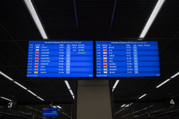 DON MUEANG INTERNATIONAL AIRPORT, DON MUEANG/THAILAND - JULY 25: Airport sign Departure, airasia, lion air, nokair on 07 25 2018