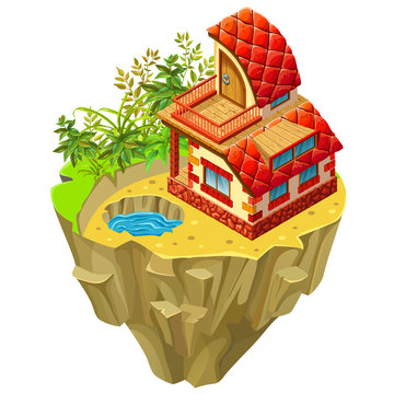 3d isometric building on desert  island for computer games. Сottage and elements landscape design. Isolated vector cartoon illustration.