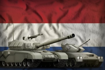 Netherlands tank forces concept on the national flag background. 3d Illustration