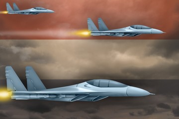 Netherlands air forces strike concept. Air planes attack on Netherlands flag background. 3d Illustration