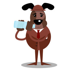 Cartoon vector illustrated business dog drinking water from a glass bottle.