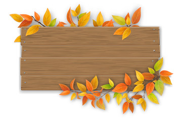 Empty wooden sign with space for text on a background of tree branches with autumn leaves. The template for a banner or an advertisement for a seasonal discount.