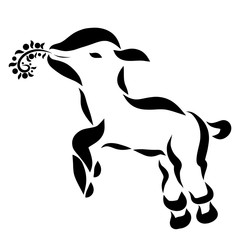 Happy bouncing lamb with a twig in the mouth