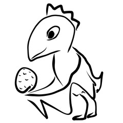 Funny children's drawing, a bird holding in the wings an egg, dinosaurs