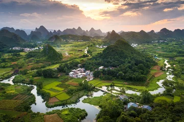 Door stickers China Stunning sunset over karst formations landscape near Yangshuo China