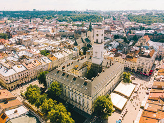 Obraz premium aerial view of old european city. tower of city hall