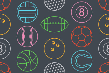 Seamless pattern with collection of Colorfuls Sports Balls. line style. isolated on black background