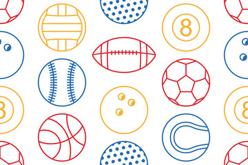 Seamless pattern with collection of Colorfuls Sports Balls. line style. isolated on white background