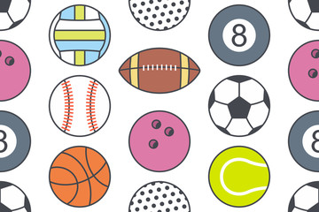 Fototapeta premium Seamless pattern with collection of Sports Balls. line style. isolated on white background