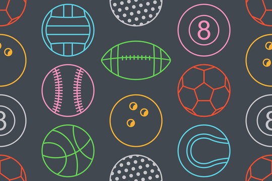 Seamless pattern with collection of Colorfuls Sports Balls. line style. isolated on black background