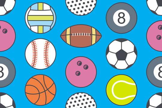 Seamless pattern with collection of Sports Balls. line style. isolated on blue background