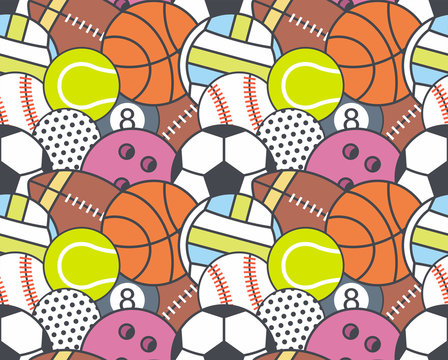 Seamless pattern with collection of Sports Balls. line style. Sports random colorful balls