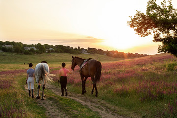 Two woman and two horses outdoor in summer happy sunset together nature