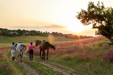 Fototapeta na wymiar Two woman and two horses outdoor in summer happy sunset together nature
