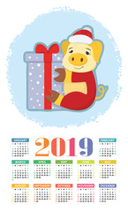 Calendar 2019 vector. Design template. Pig with Santa hat. New year