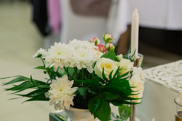 Decoration of the hall with flowers, wedding decoration, decor.
