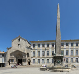 Fototapeta na wymiar Cathedral Saint-Trophime, portal, Romanesque, UNESCO World Heritage Site, Place de la Republique with obelisk in Arles. Buches du Rhone, Provence, France..