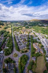 Aerial view of a UK roundabout and roads in a small welsh town called Blaina