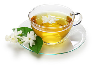 homemade jasmine tea and arabian jasmine flower isolated on white background