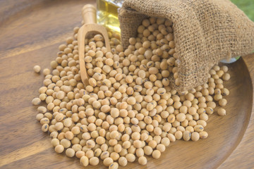 closeup is some soybeans with wooden spoon