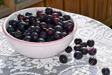 A bowl with ripe plums stands on the table. White vintage tablecloth. Plums lie on the surface of the table. Autumn harvest.