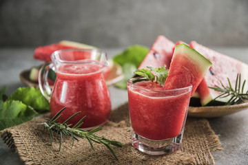 Watermelon drink in glasses with slices of watermelon