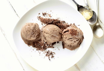 Chocolate ice cream with chocolate chips, top view 