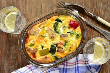 Chicken and vegetable casserole, top view 