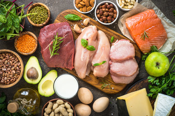 Protein sources - meat, fish, cheese, nuts, beans and greens. - obrazy, fototapety, plakaty