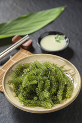 Umi-budou Seaweed or Green Caviar Healthy sea food or sea grapes seaweed on plate