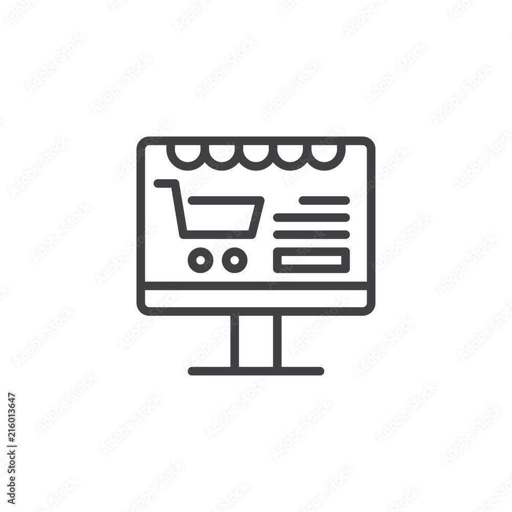 Aufkleber online shop outline icon. linear style sign for mobile concept and web design. computer monitor with
