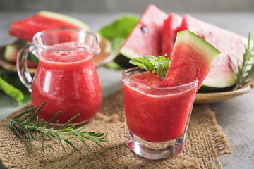 Watermelon drink in glasses with slices of watermelon