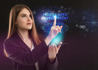 The concept of business, technology, the Internet and the network. A young entrepreneur working on a virtual screen of the future and sees the inscription: Mobile apps development